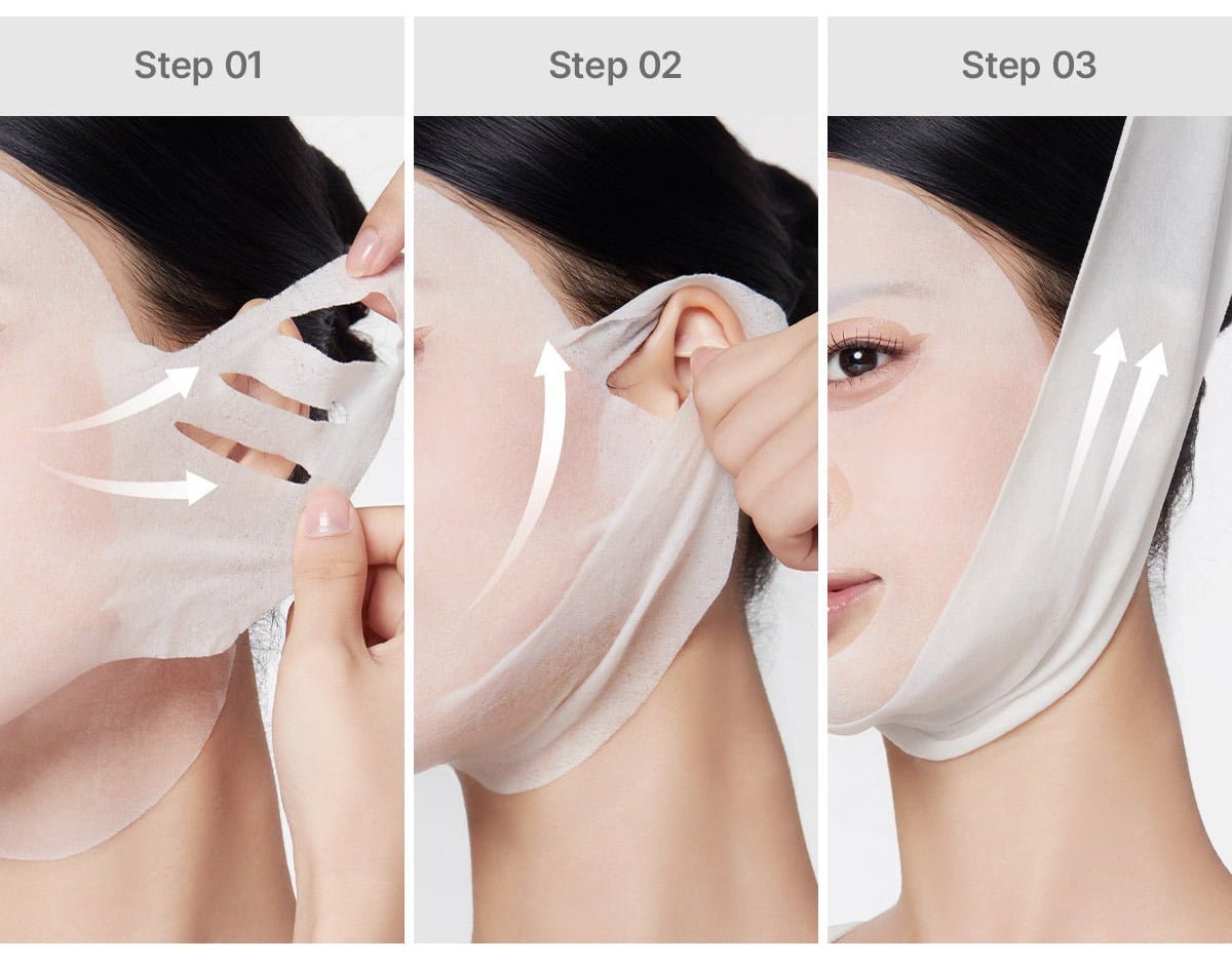 medicube PDRN PINK TENSION UP MASK SET 34g X 4ea showing step-by-step instant lift mask application on face