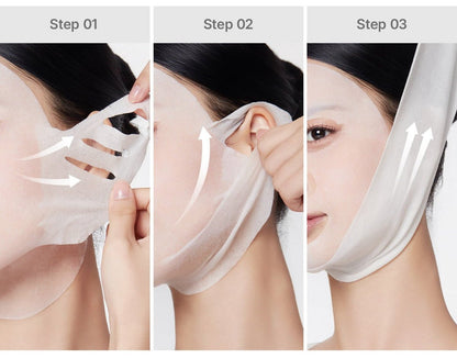 medicube PDRN PINK TENSION UP MASK SET 34g X 4ea showing step-by-step instant lift mask application on face