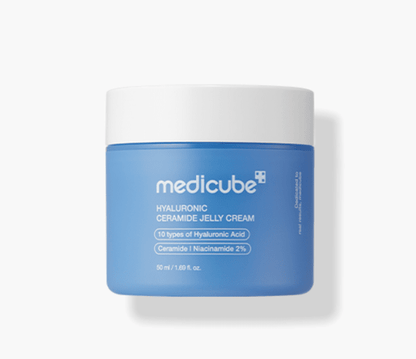 medicube Hyaluronic Ceramide Jelly Cream 50ml in blue jar with white lid for deep hydration and skin barrier support