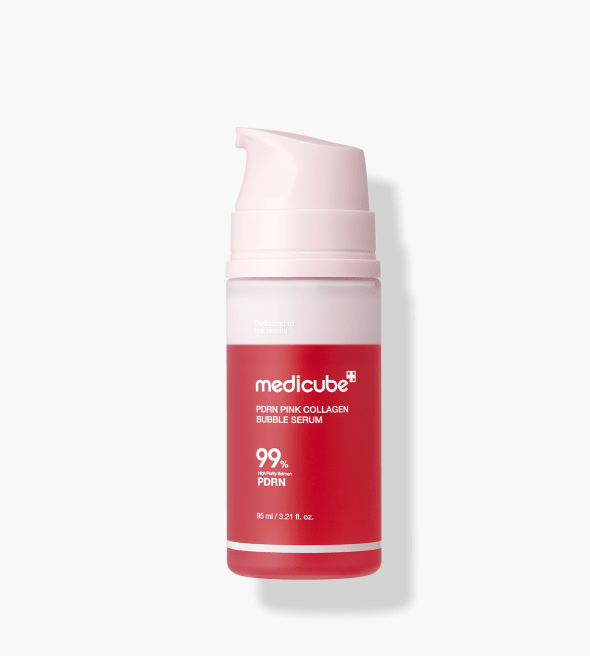 medicube PDRN Pink Collagen Bubble Serum 95ml bottle with pink pump packaging delivering deep hydration formula