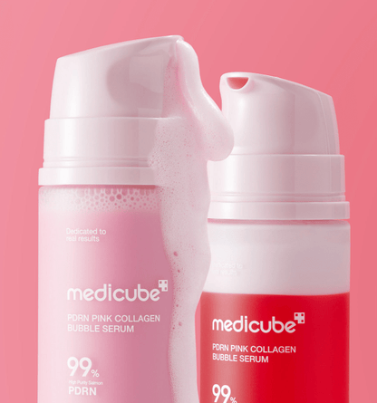 medicube PDRN Pink Collagen Bubble Serum 95ml with deep hydration showing foam overflowing from pink pump bottle