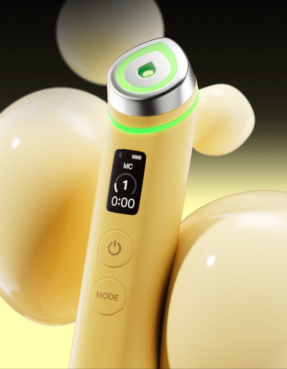 medicube AGE-R Booster Pro #Lemon device with digital display and green LED light highlighting innovative technology design