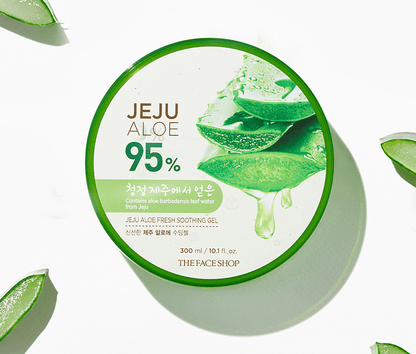 Round container of soothing gel featuring aloe vera leaf extract with fresh green and white minimal design on white background