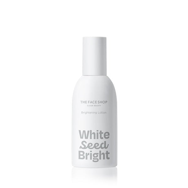 Minimalist white bottle of lightweight brightening lotion with simple grey typography on clean white background