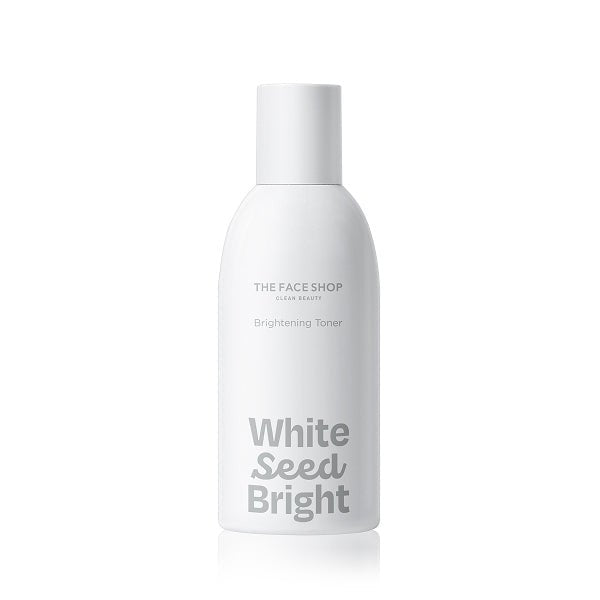 Minimalist white bottle of brightening toner with clean label emphasizing seed and bright effects on plain background