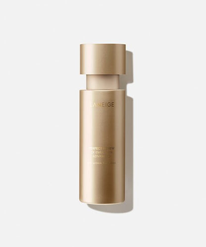 LANEIGE PERFECT RENEW 3X EMULSION ADVANCED 130ml in a sleek gold bottle promoting skin radiance.