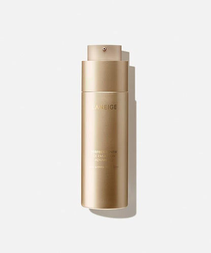 LANEIGE PERFECT RENEW 3X EMULSION ADVANCED 130ml in gold packaging promoting skin radiance benefits