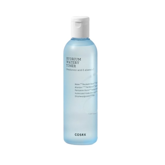 Tall translucent blue bottle of watery toner with white flip cap and minimalist black text on front label