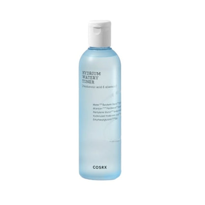 Tall translucent blue bottle of watery toner with white flip cap and minimalist black text on front label