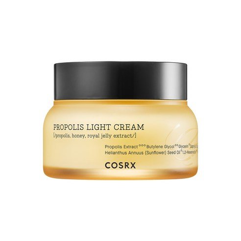 Yellow jar of lightweight hydration propolis cream with black lid against white background