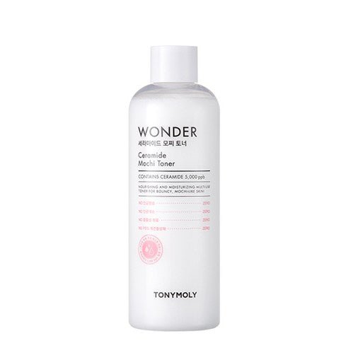 Clear white bottle of ceramide toner with minimalist black text emphasizing moisture barrier and hydration benefits