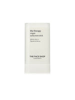 Minimalist white stick sunscreen with black text highlighting vegan formula and high SPF protection on clean background