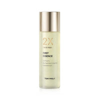 Tall frosted bottle of hydrating essence with gold cap and subtle shimmer inside liquid