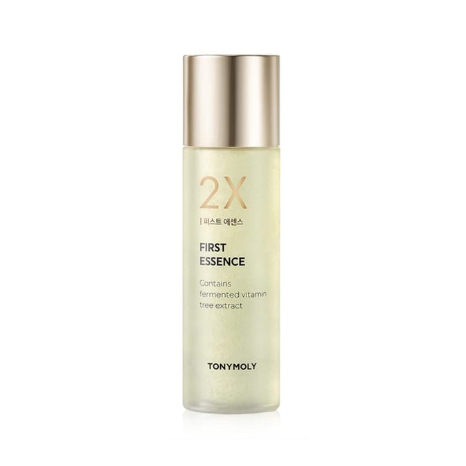 Tall frosted bottle of hydrating essence with gold cap and subtle shimmer inside liquid