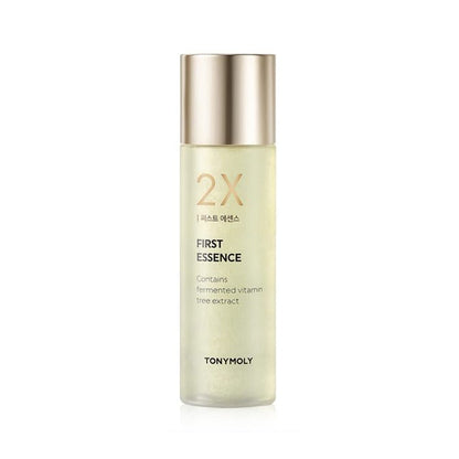 Tall frosted bottle of hydrating essence with gold cap and subtle shimmer inside liquid