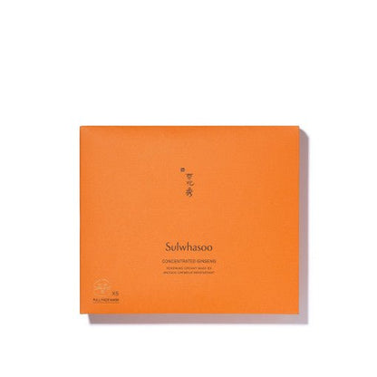 Orange square box of concentrated ginseng creamy mask pack featuring hydrating skincare in minimalist design