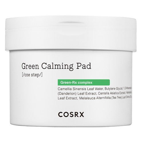White jar of soothing calming pads with green complex ingredients text emphasizing skin relief benefits