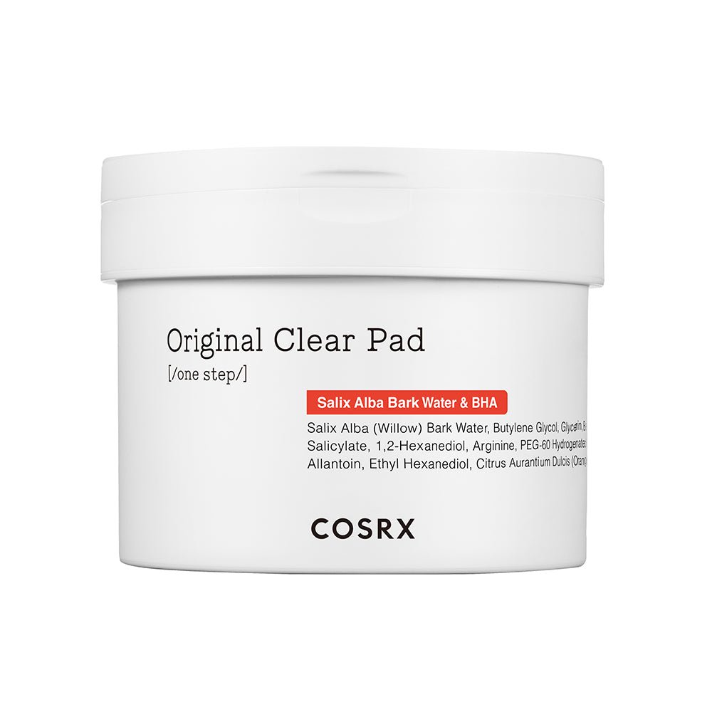 White plastic jar of gentle exfoliating pads with simple black text highlighting key ingredients on a clean white background