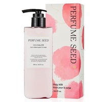 Tall pump bottle of pale pink body milk with matching floral-printed box highlighting long-lasting fragrance benefits