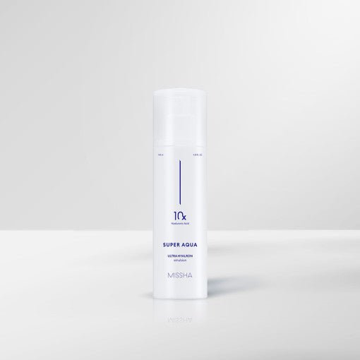 White pump bottle of moisturizing emulsion with deep hydration benefits on a clean minimal light gray background