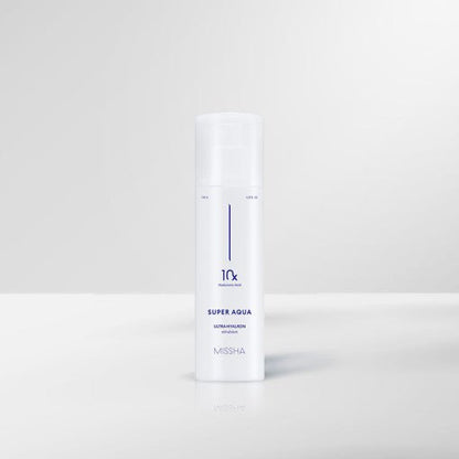 White pump bottle of moisturizing emulsion with deep hydration benefits on a clean minimal light gray background