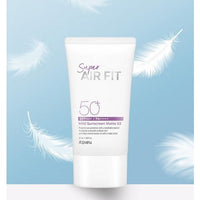A'pieu Super Air Fit Mild Sunscreen Matte EX SPF50+ PA++++ 50ml tube with feather background showing high protection benefits