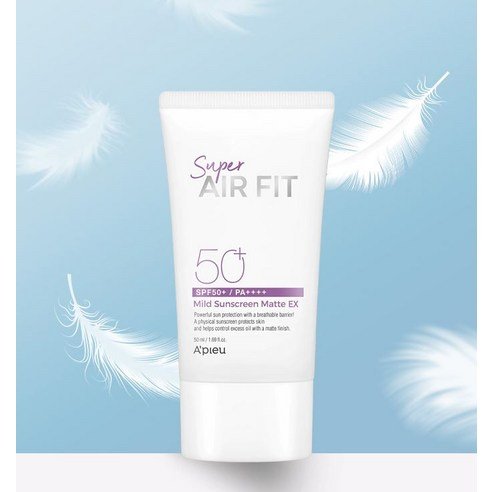 A'pieu Super Air Fit Mild Sunscreen Matte EX SPF50+ PA++++ 50ml tube with feather background showing high protection benefits