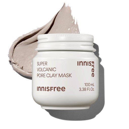 White jar of pore clay mask with smooth gray clay swatch highlighting deep cleansing effect on white background