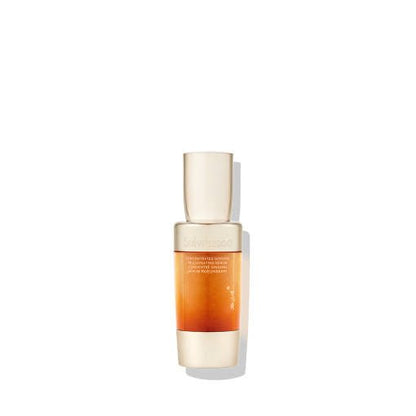 Tall amber gradient serum bottle with beige cap emphasizing fine line reduction benefits on white background