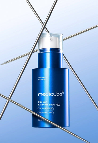 medicube One Day Exosome Shot Pore Ampoule 7500 30ml blue bottle highlighting pore tightening benefits