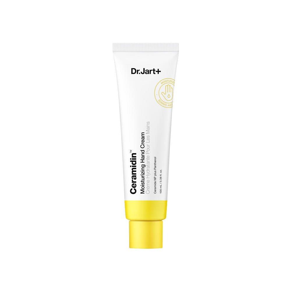 Dr.Jart+ Ceramidin Moisturizing Hand Cream 100ml in white tube with yellow cap offering intense hydration for dry hands
