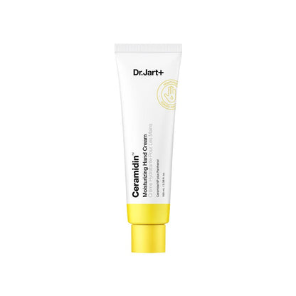 Dr.Jart+ Ceramidin Moisturizing Hand Cream 100ml in white tube with yellow cap offering intense hydration for dry hands