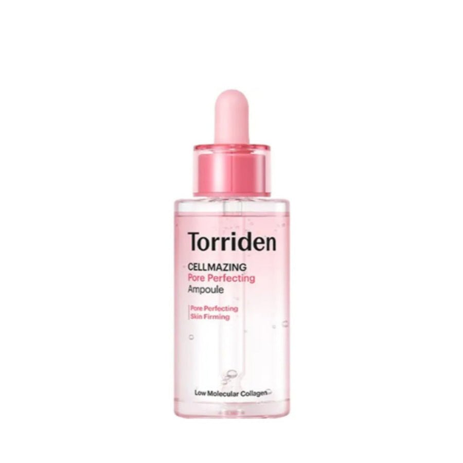 Torriden Cellmazing Pore Perfecting Ampoule 30ml in clear pink bottle with dropper for deep hydration and skin firming