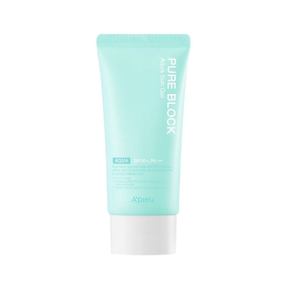 A'pieu Pure Block Aqua Sun Gel SPF50+/PA+++ 50ml in aqua blue packaging with long-lasting hydration benefits