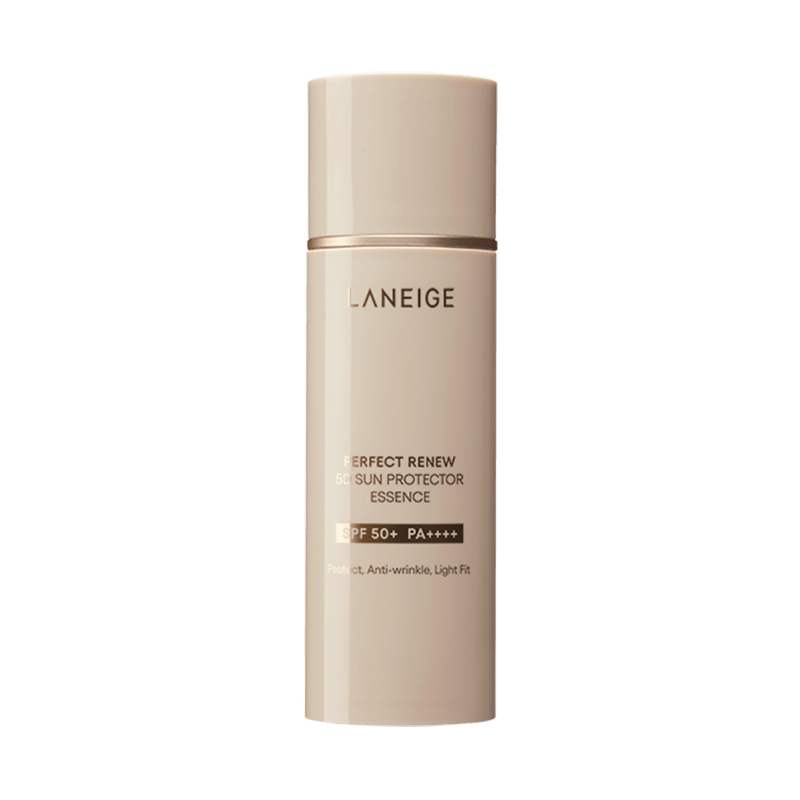 LANEIGE Perfect Renew 5D Sun Protector Essence SPF50+PA++++ 50ml in sleek beige bottle with enhanced protection text