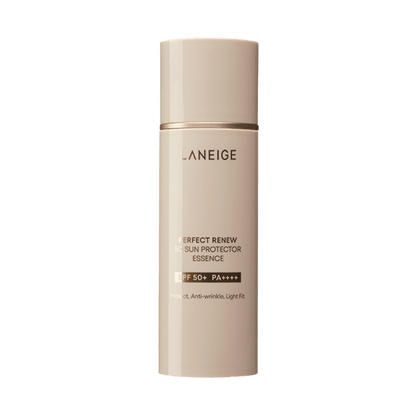 LANEIGE Perfect Renew 5D Sun Protector Essence SPF50+PA++++ 50ml in sleek beige bottle with enhanced protection text