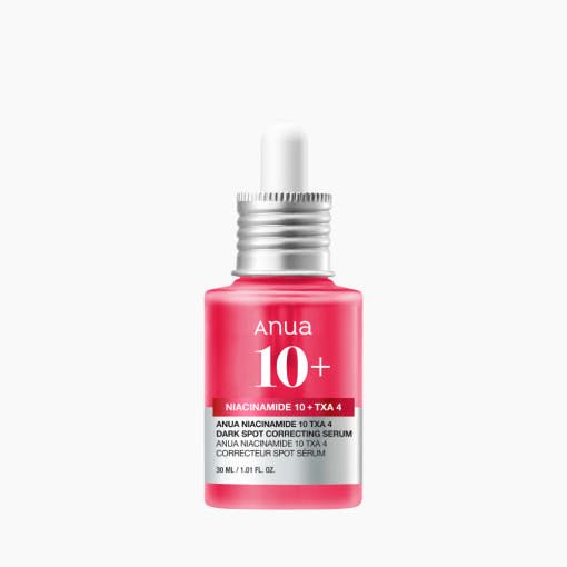 Anua Niacinamide 10% + TXA 4% Dark Spot Correcting Serum 30ml brightens skin in a pink dropper bottle.