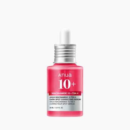 Anua Niacinamide 10% + TXA 4% Dark Spot Correcting Serum 30ml brightens skin in a pink dropper bottle.