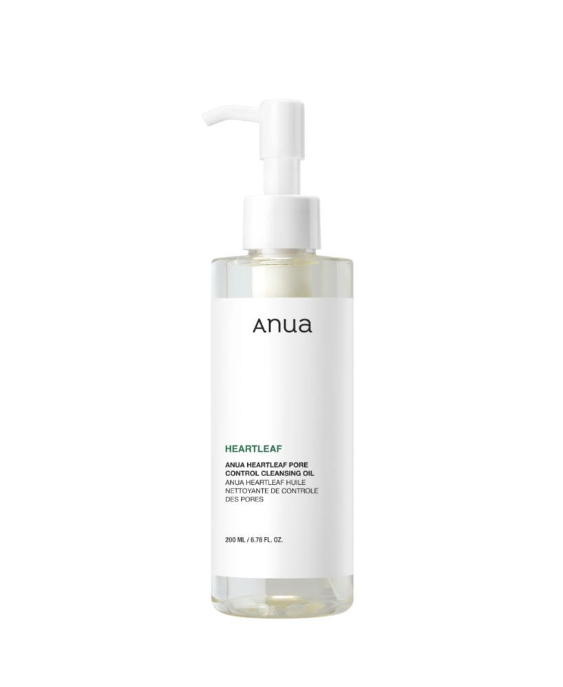Clear bottle of cleansing oil with white label and pump, designed for gentle makeup removal and pore care