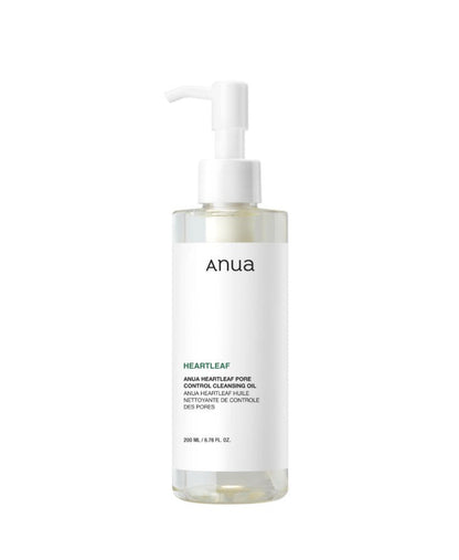 Clear bottle of cleansing oil with white label and pump, designed for gentle makeup removal and pore care