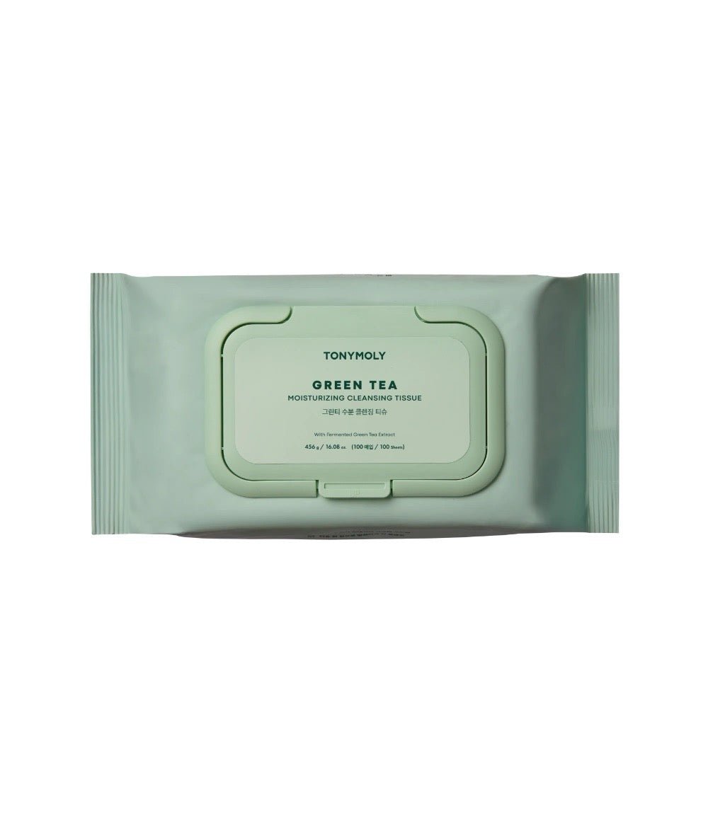 TONYMOLY green tea no wash cleansing tissue pack in pale green packaging