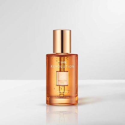 MISSHA Time Revolution Primestem 100 lifting serum bottle with amber formula and gold cap