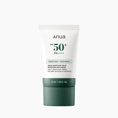 Anua heartleaf silky moisture sunscreen tube with SPF 50 and panthenol