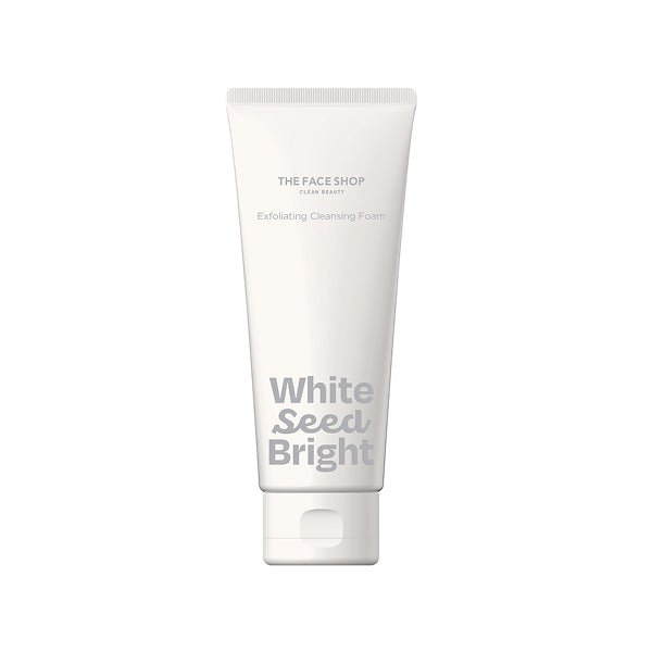 White Seed Bright exfoliating cleansing foam tube from The Face Shop on a white background for brightening skincare