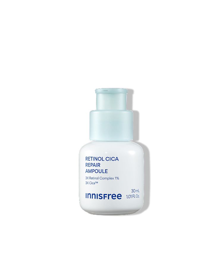 Retinol Cica Repair ampoule bottle with a pale blue pump against a white background