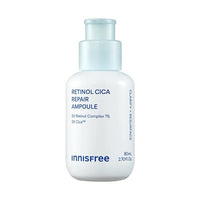 innisfree Retinol Cica Repair Ampoule in a white 80ml bottle with pale blue pump on a plain background