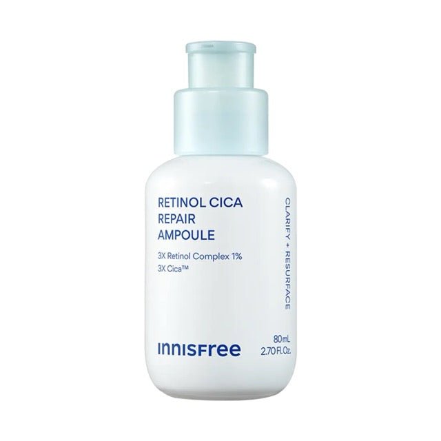 innisfree Retinol Cica Repair Ampoule in a white 80ml bottle with pale blue pump on a plain background
