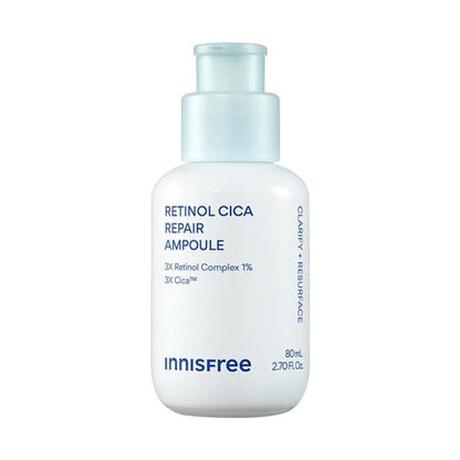 innisfree Retinol Cica Repair Ampoule in a white 80ml bottle with pale blue pump on a plain background